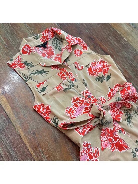 Banana Republic Floral Sleeveless Midi Shirtdress Button Up Tan Coral Pink Sz 2 - Picture 2 of 11